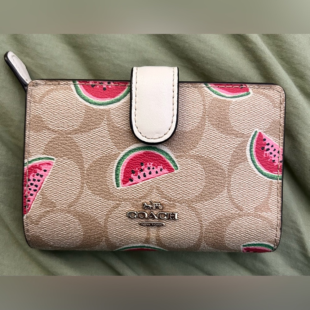 Coach Beige Signature Wallet with Pink Watermelon Motif and White Snap
